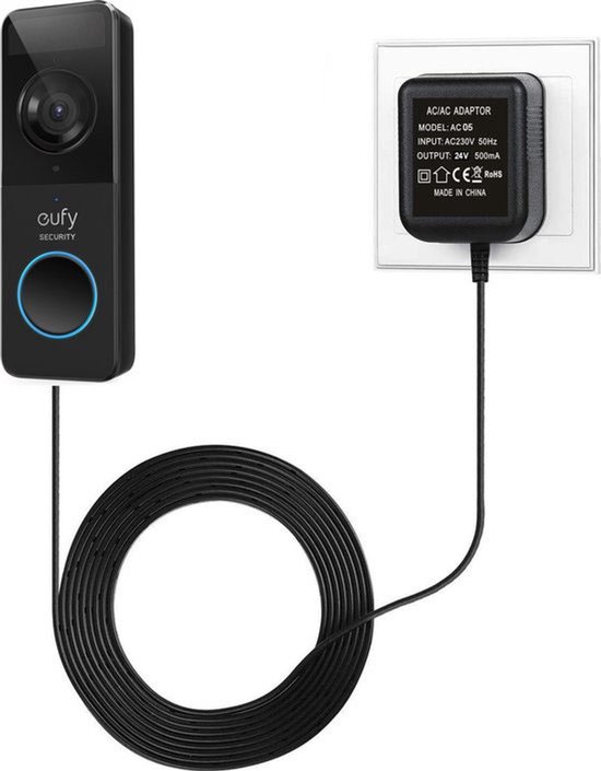 JC's - Transformator geschikt voor Eufy video deurbel - Adapter geschikt voor Eufy video deurbel - 24 volt - 5 meter kabel - deurbel adapter 24 volt van Merkloos
