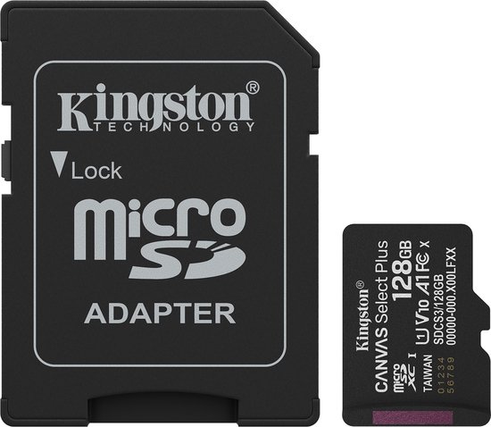 Kingston Technology 128GB microSDXC Canvas Select Plus Gen3 150MB/s A1 kaart + adapter van Kingston
