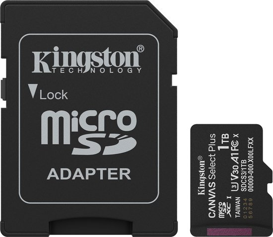 Kingston Technology 1TB microSDXC Canvas Select Plus Gen3 150MB/s A1 kaart + adapter van Kingston