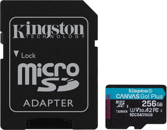 Kingston Technology 256GB microSDXC Canvas Go! Plus Gen4 200MB/s A2 U3 V30 kaart + adapter van Kingston