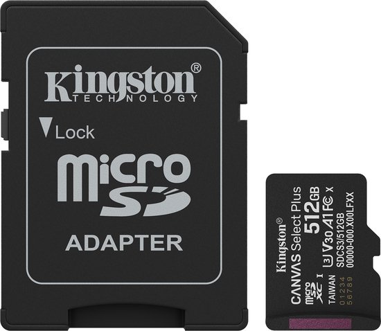 Kingston Technology 512GB microSDXC Canvas Select Plus Gen3 150MB/s A1 kaart + adapter van Kingston