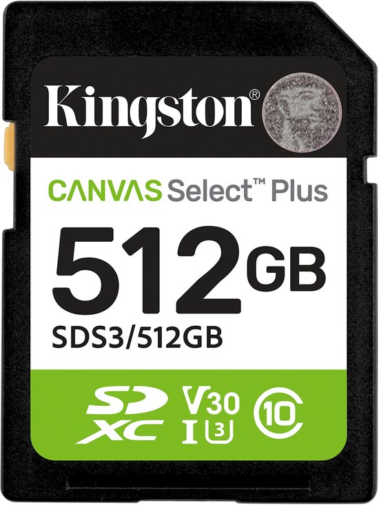 Kingston Technology 512GB SDXC Canvas Select Plus Gen3 150MB/s C10 UHS-I U3 V30 van Kingston