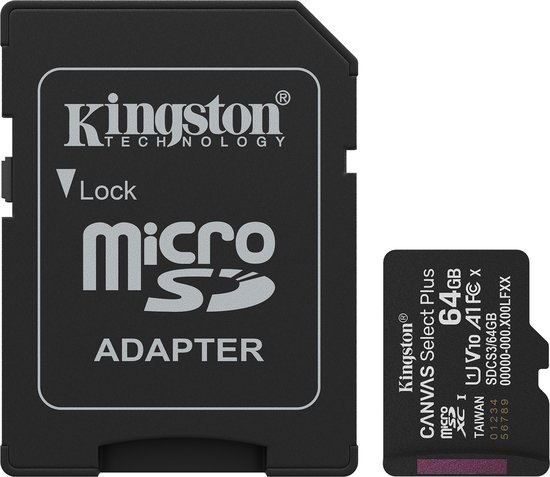 Kingston Technology 64GB microSDXC Canvas Select Plus Gen3 100MB/s A1 kaart + adapter van Kingston