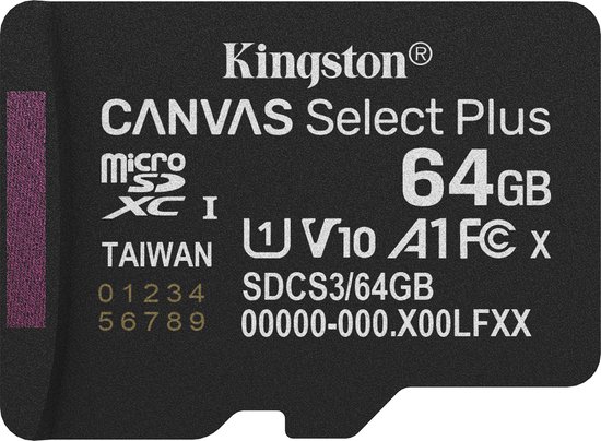 Kingston Technology 64GB micSDXC Canvas Select Plus Gen3 100R A1 enkel pakket zonder ADP van Kingston
