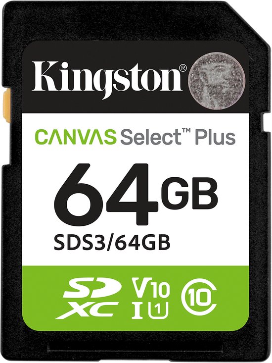 Kingston Technology 64GB SDXC Canvas Select Plus Gen3 100MB/s C10 UHS-I U1 V10 van Kingston
