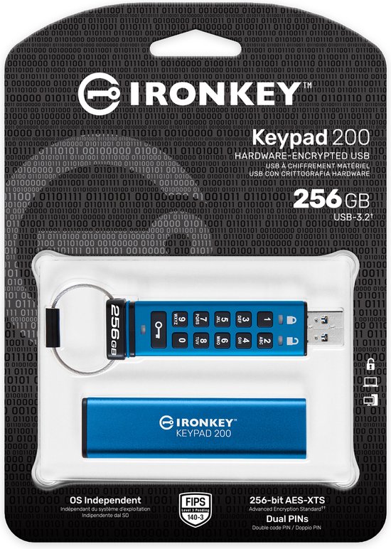 Kingston Technology IronKey 256GB Keypad 200, FIPS 140-3 Lvl 3 AES-256 versleuteld van Merkloos