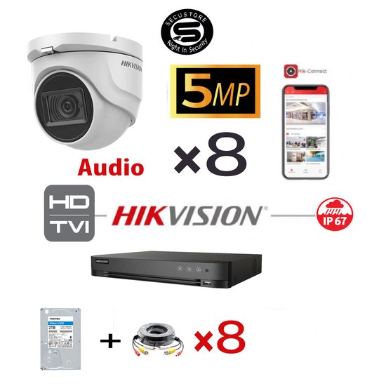 Kit HIKVISION 5 MP AUDIO DVR 8 CH HD - 8x Turret Camera 5MP - 2TB HDD van Merkloos
