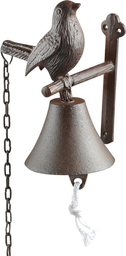 Klassieke deurbel/scheepsbel met vogel - bruin - gietijzer - 19 cm - deurbellen - bar bel voor rondje