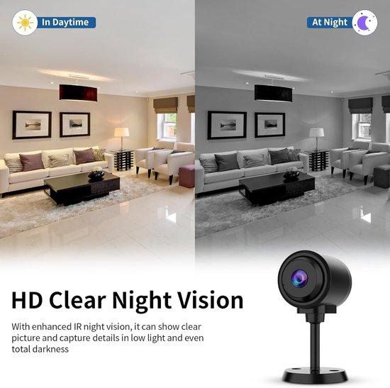 Kleine camera voor huisbeveiliging 1 stuk, 2,4 GHz wifi, draagbaar, werkt op batterijen, met infrarood nachtzicht, bewegingsdetectie, 136° groothoeklens, babyfoon, kleine bewegingsgeactiveerde camera (1 stuk) van Merkloos
