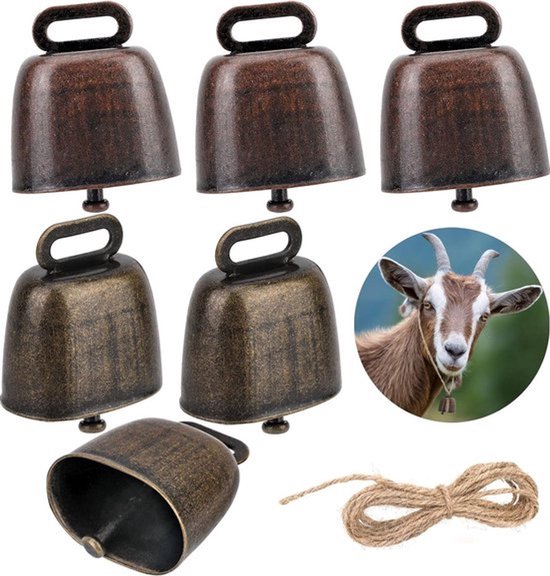 Koebel 6 Stuks - Kerstklokjes - Bel - Grazend Koeienbel - Metalen Koe Bel Belletjes - Geitenbel - Paard - Deurbel - Hondenbel - Kerstversiering - Messing Scheepsbel - Dier Enbellen - Tafelbel/Handbellen - Decoratie Klokjes - Boerderij - Dier Geschenk