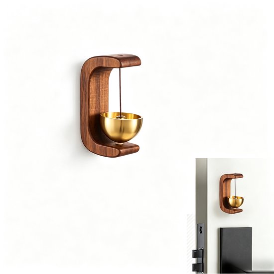 Koffiekleurige houten deurbel - decoratieve deurbel - messing bel - magnetisch ontwerp - geschikt voor voordeuren, kantoren, winkels, cafés, enz. - 7*4*2,5 cm