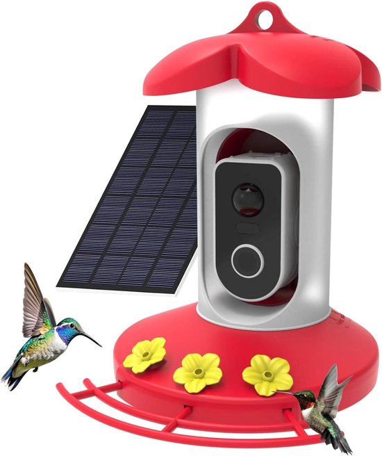 Kolibrievoeder met 4K-camera, slimme kolibrievoeder met 4G-camera, werkt op zonne-energie, heeft AI-herkenning, maakt automatisch vogelvideo's en detecteert beweging. Ideaal cadeau voor vogelliefhebbers.