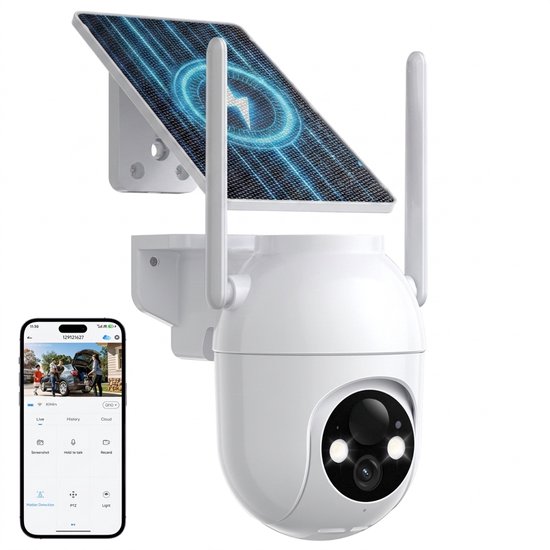 Konsoefuly Beveiligingscamera Draadloos Buiten - Buiten Bewakingscamera met Zonnepaneel BC - 2K 4MP - 360° PTZ - Kleuren-nachtzicht - AI Bewegingsdetectie - Tweeweg Audio - Draadloos buiten- IP67 Weerbestendig - Beveiligingscamera Met WiFi en App