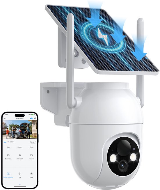 Konsoefuly Draadloze Beveiligingscamera 2K HD-Op zonne-energie werkend- Geen abonnement-Buitencamera met kleurennachtzicht- Bewakingscamera voor Buiten 360° PTZ- Beveiligingscamera Met WiFi en App