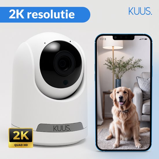 KUUS® BC1 2K Wifi Camera – Beveiligingscamera Binnen met Nachtzicht & Bewegingsdetectie | Huisdiercamera / Bewakingscamera voor Binnen met 360° Draaifunctie & Veilige Opslag van KUUS