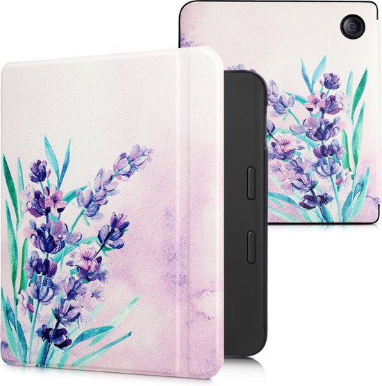 kwmobile e-reader hoesje geschikt voor Kobo Libra 2 hoes - E reader flip case met magnetische sluiting - Ereader cover - Lavendelbloemen design in paars / turquoise / paars van kwmobile