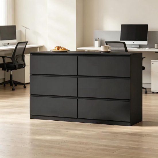 Ladekast - Zwarte Commode Met 6 Lades - Modern Design Voor Woonkamer, Slaapkamer En Hal - Hout - 120x40x75 Cm