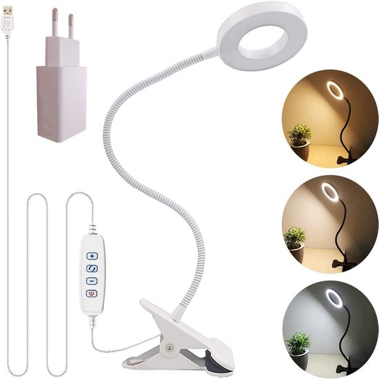Leeslamp met 23 leds in USB-oplader, lamp met klem, 3 kleuren in 10 lichtsterktes, 40 cm, blokkeert 99,99% van het blauwe licht, bureaulamp met klem voor boeken, werk, bed in tafel(Wit) van LENCENT