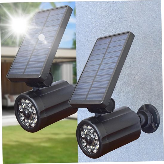 Lexorion Secure - Nep Camera Solar Buitenlamp - 2 Stuk - 8 LED - IP65 Waterdicht - Beweging Sensor - 3 Lichtstanden - Wandlamp op Zonne-energie in Camera Design voor Tuin, Oprit & Terras van Merkloos