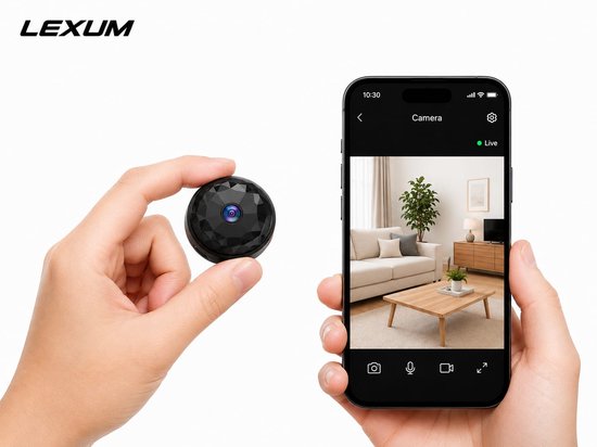 Lexum® Mini Beveiligingscamera WiFi – Draadloze IP Camera – Bewegingsdetectie – Nachtzicht – USB-C Oplaadbaar – App – Binnen & Buiten