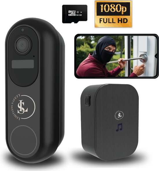Limitless Safety - Video deurbel met camera - Draadloze deurbel - 1080P video kwaliteit - Slimme Deurbel - Nachtzicht - GRATIS 64 GB SD kaart en draadloze gong – Zonder Abonnement van Merkloos