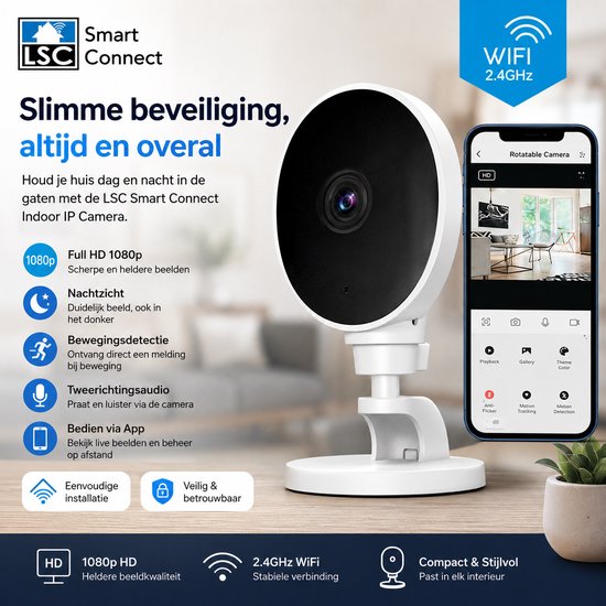 LSC Smart Connect Indoor IP Camera – WiFi Beveiligingscamera – Full HD 1080p – Nachtzicht – Bewegingsdetectie – Tweeweg Audio – 2.4 GHz WiFi – Binnen