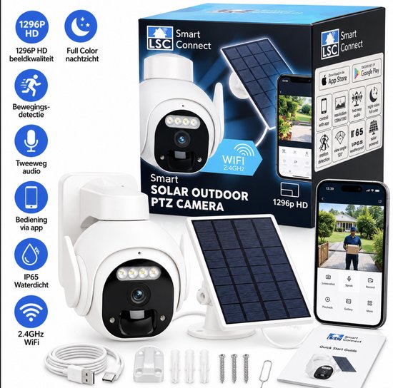 LSC Smart Connect Solar Outdoor PTZ Camera – 1296p HD – Zonnepaneel – WiFi – Bewegingsdetectie – Nachtzicht – IP65