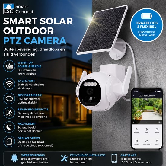 LSC Smart Solar Outdoor PTZ Camera – Draadloze Beveiligingscamera op Zonne-energie – 1296P HD – WiFi 2.4GHz – Nachtzicht – Bewegingsdetectie – Tweeweg Audio – IP65 – App Bediening