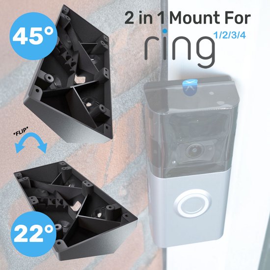 Made For Ring Video Doorbell 2, 3, 4, Plus & Pro Batterij - 45° Hoekbeugel // Zwart Kunststof // Inclusief schroeven