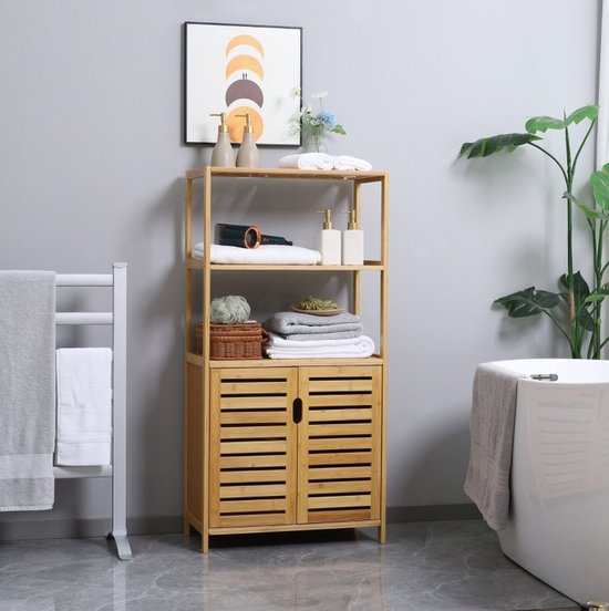 MEUNIQ Badkamerkast 60 x 30 x 120 cm met 2 open vakken, kast met lameldeuren en vaste plank, opbergkast van bamboe voor badkamer of woonkamer, naturel