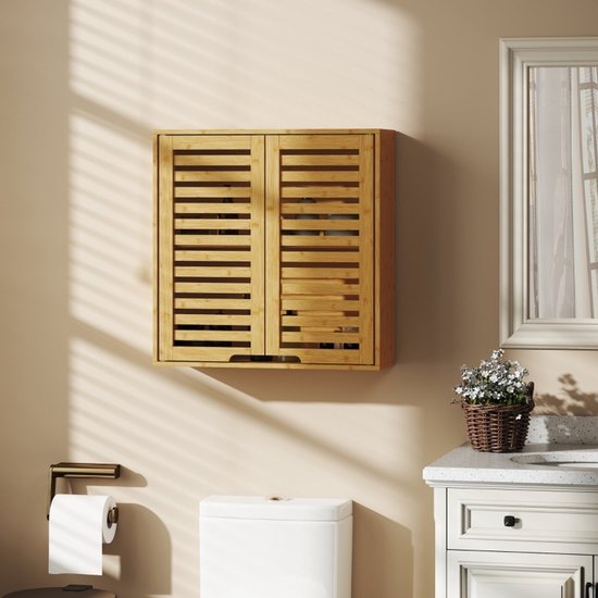 MEUNIQ badkamerkast hangend 60 x 20 x 60 cm met lamellendeuren, verstelbare plank en wandmontage, bamboe wandkast voor badkamer, keuken of wasruimte, naturel