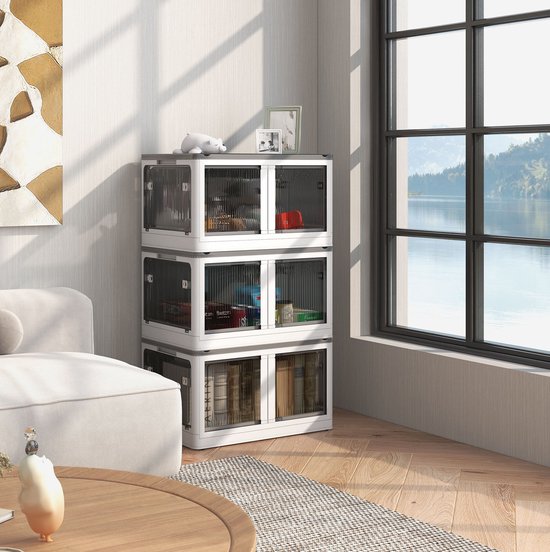 MEUNIQ opvouwbare opbergbox 69 L met wielen, stapelbare opbergkist met 5-zijdige toegang, transparante opening en deksel, 60 x 42 x 34 cm, wit