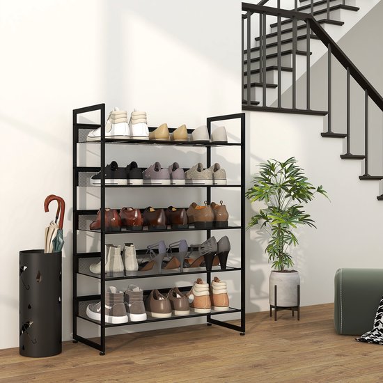 MEUNIQ schoenenrek 5 etages 72 x 30 x 102 cm zwart met metalen frame, ventilerende gaasplanken, verstelbare voetjes en achterpanelen voor hal of woonkamer