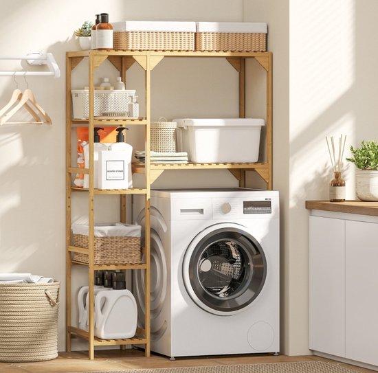 MEUNIQ wasmachinerek 100 x 40 x 157 cm met 7 open schappen, verstelbare zijplanken, boven wasmachine of droger, bamboe opbergrek voor wasruimte, Naturel