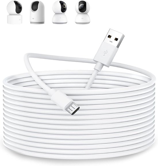 Micro-USB-kabel, 10 m, lange oplaadkabel geschikt voor Mi 360° Home Security Camera 2K Pro/360° Home Bewakingscamera 2K/Smart Camera C300 C200, type A naar Micro USB-oplaadkabel voor beveiligingscamera, wit