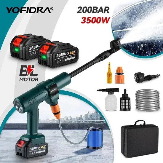 Mila Shop Hogedrukreiniger - Draadloos - Hogedrukspuit - Elektrisch waterpistool - 6 in 1 - Inclusief 2 accu's - 200 Bar - 350W van Mila Shop