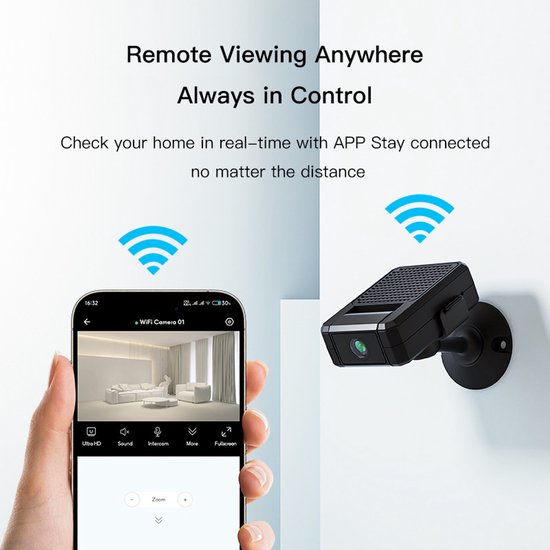 Mini bewakingscamera - WiFi-camera met een 180° draaibare lens, ondersteunt bewaking op afstand via een app en nachtzicht. van Merkloos