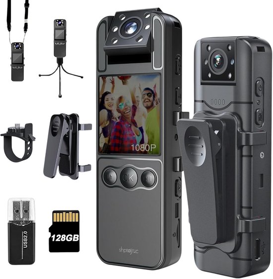 Mini Body Cam - Draagbare Camera - Beveiliging Werk - 180° Draaibare Lens - 128GB Opslag - Zwart