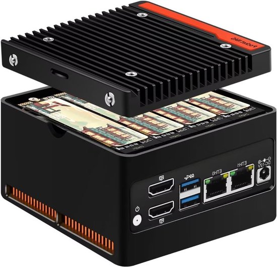 Mini NAS Server - Netwerk Opslag - Bestanden Delen - Vier NVMe Drives - 10cm x 10cm x 5.8cm - Zwart