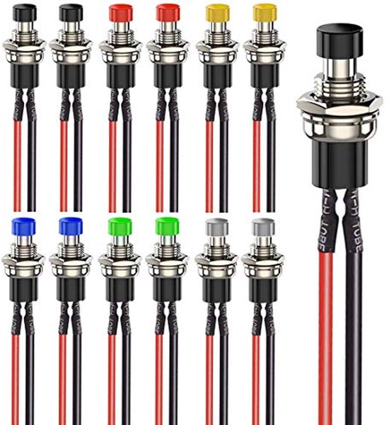 Minidrukknoppen Set van 12 - 7mm Voorbekabelde Momentary Drukknoppen 3V-230V