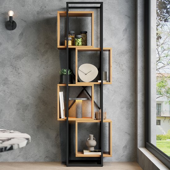 MIVRAY Boekenkast – 59 x 30 x 180 cm – Open Stapelontwerp met 4 Vakken – MDF en Metaal – Zwart Bruin – Display en Opbergrek