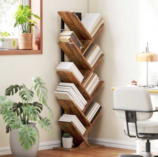 MIVRAY Boekenrek – Boomvormig Met 9 Niveaus – 50 x 24 x 136 cm – Hout En Staal – Rustiek Bruin – Voor Woonkamer En Kantoor