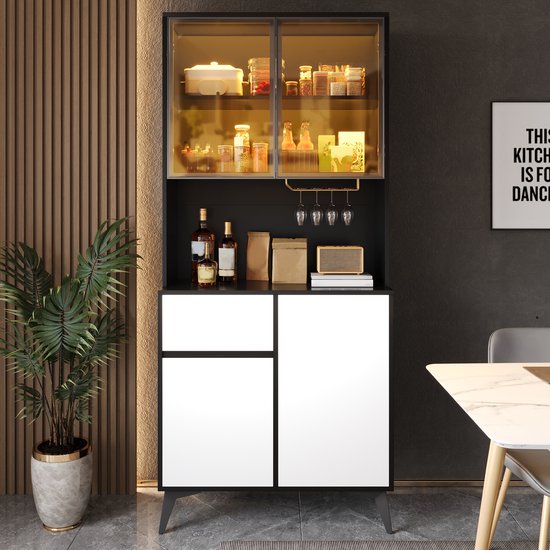 MIVRAY Dressoir Met Glazen Deuren En App Instelbare LED Verlichting Voor Keuken En Woonkamer MDF Zwart Wit 80x40x180 Cm