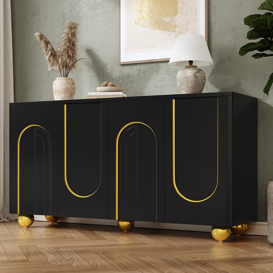 MIVRAY Dressoir Met Vier Deuren En Gouden Boogdecoratie Voor Woonkamer En Hal Met Metalen Bolpoten Zwart 140 X 40 X 74 Cm