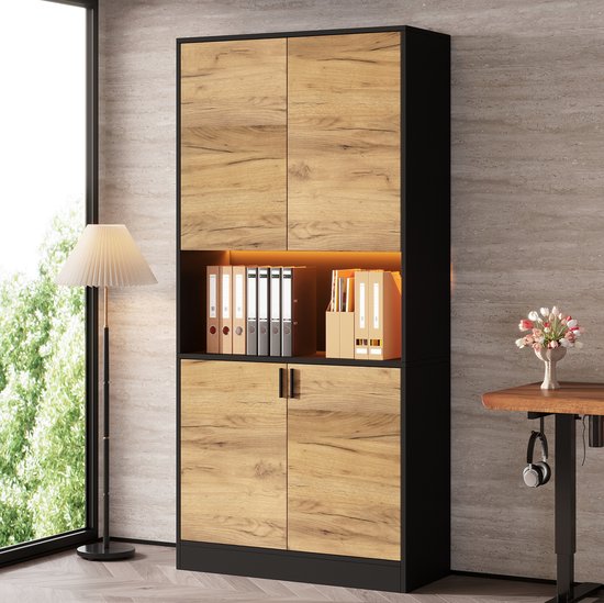 MIVRAY Opbergkast - Moderne Hoogkast Met Ledverlichting En Verstelbare Planken - Voor Kantoor Woonkamer En Hal - Spaanplaat - Zwart Eiken - 80x35x180 Cm