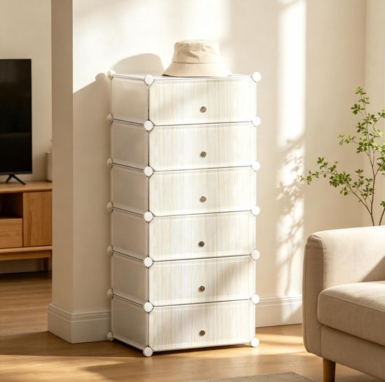 MIVRAY Opbergkast - Modulair Stapelbaar Met 6 Vakken En Halftransparante Deuren - Voor Slaapkamer En Hal - PP En Staal - Wit - 49 x 36,5 x 108 Cm
