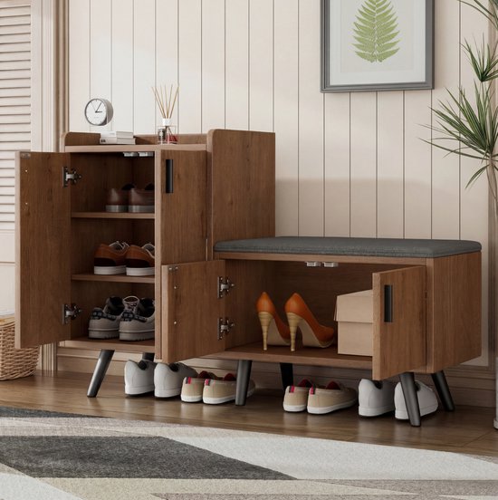MIVRAY Schoenenbank En Schoenkast - Houtnerf Design Met Zitting En Vier Opbergdeuren - Voor Hal En Woonkamer - Naturel - 120 X 34 X 82 8 Cm