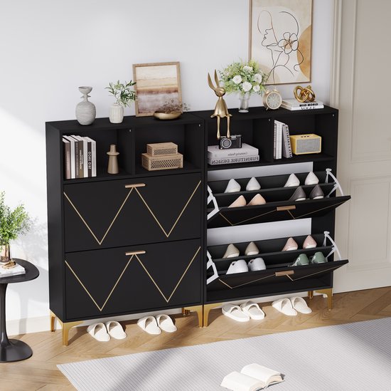 MIVRAY Schoenenkast Met 4 Kiepdeuren En 8 Schoenvakken - Modern Opbergmeubel Voor Hal En Woonkamer - MDF En Metaal - Zwart - 80x25x117 Cm