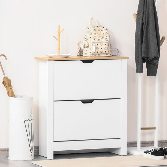 MIVRAY Schoenenkast - Ruimtebesparende Schoenkipper Met 2 Klappen Voor 12 Paar - Wit Met Houtlook Bovenblad - 72x26x80 Cm