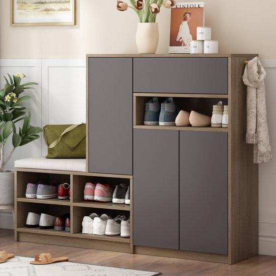 MIVRAY Schoenenkast - Schoenenbank Met Gepolsterde Zitting En Verstelbare Planken - Voor Hal En Entree - Grijs - 140 X 35 X 110 Cm